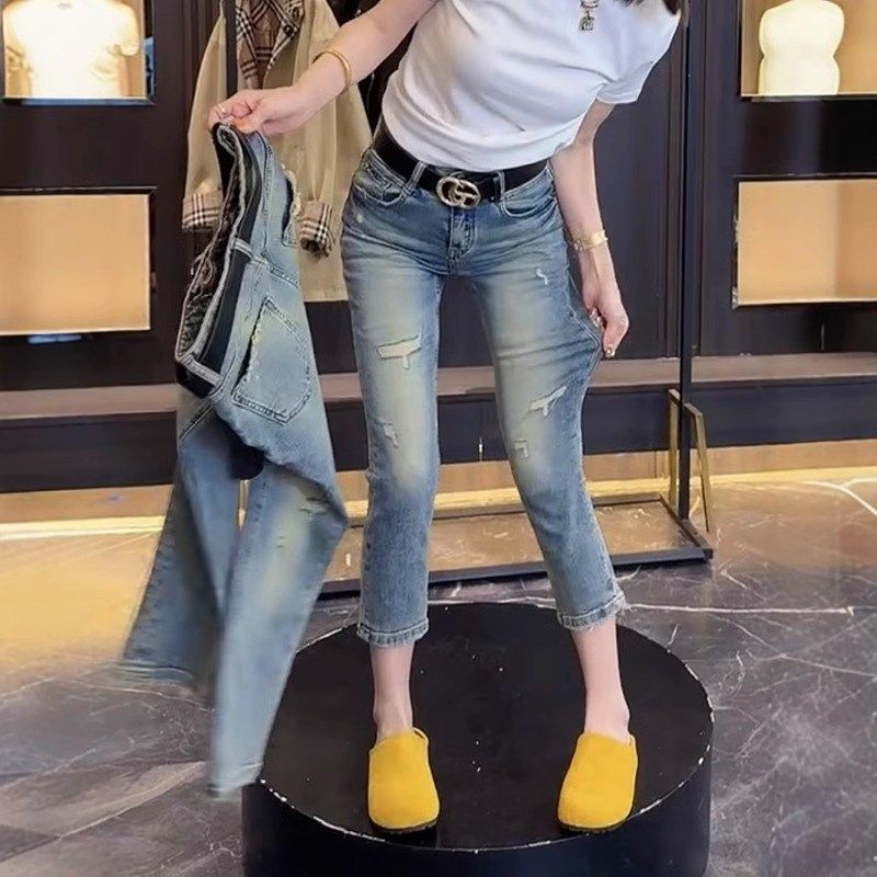 2025春季新款复古修身九分烟管裤大码女装高腰显瘦直筒破洞牛仔裤,淘宝优惠券,粉丝福利购,淘宝优惠卷