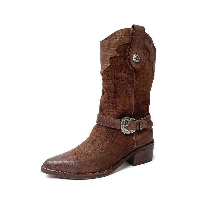 复古做旧小众设计皮带扣尖头手工粗跟套筒V口美拉德风中筒靴981-7,淘宝优惠券,粉丝福利购,淘宝优惠卷