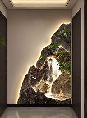 流水生财玄关转角装饰画聚宝盆走廊拐角墙面挂画竹子入户带灯壁画