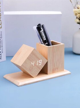 时尚创意木头笔筒闹钟LED木质笔筒钟 静音夜光声控笔筒钟