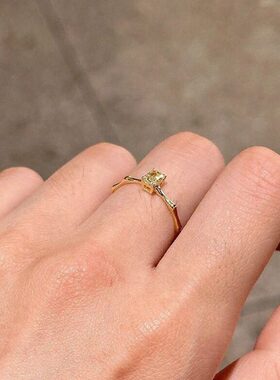 黄钻小方糖戒指女简约轻奢闪钻锆石竹节指环开口可调节方钻食指戒