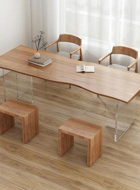 北欧轻奢亚克力实木餐桌轻奢网红悬浮吃饭桌设计师长条整板书桌