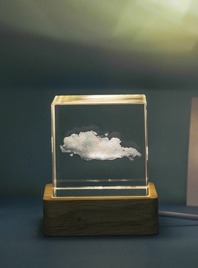 发光云朵太阳系方体水晶小摆件办公室书房桌面Q装饰品送人生日礼