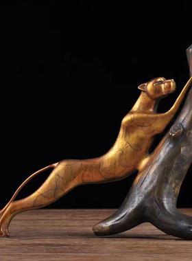 黄铜豹子摆件铜豹一对书靠书夹书立摆设工艺品书房办公桌面装饰品