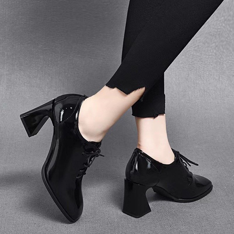 时尚休闲春秋真皮粗跟深口单鞋英伦风系带方头小皮鞋亮皮女高跟鞋,淘宝优惠券,粉丝福利购,淘宝优惠卷