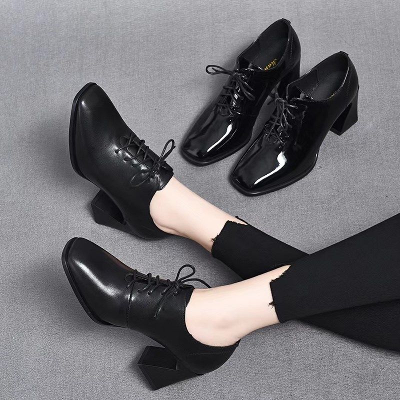 时尚休闲春秋真皮粗跟深口单鞋英伦风系带方头小皮鞋亮皮女高跟鞋,淘宝优惠券,粉丝福利购,淘宝优惠卷
