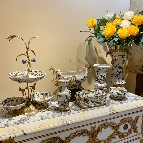 欧式摆件陶瓷配铜美式法式玄关摆件奢华家居实用花瓶瓷包铜花瓶 - 图0