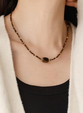 高品质~美拉德方糖天然虎眼石串珠项链女锁骨链设计高级感小众