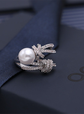 时尚绳结珍珠戒指女生微镶锆石食指指环2021新款个性气质开口戒指