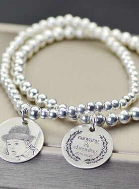 定制DIY刻字刻照片999纯银珠子圆银牌亲子宝宝情侣手链脚链送礼物