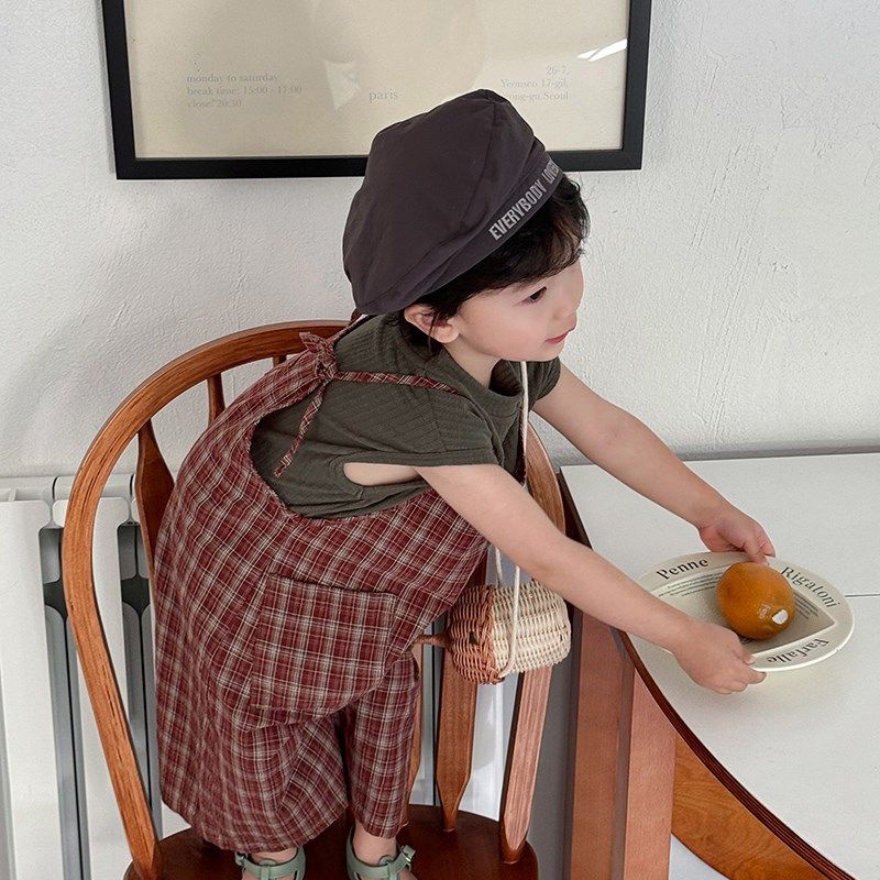 暮晨家新款夏装2024男童格子上衣背带裤宝宝洋气森系连体衣七分裤,淘宝优惠券,粉丝福利购,淘宝优惠卷