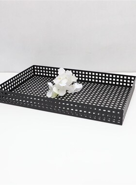 现代简约托盘金属黑网格黑色客厅茶几茶盘杯盘家居装饰收纳盘摆件