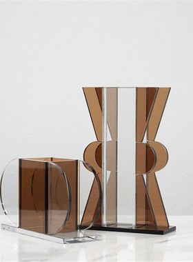 现代棕色透明亚克力花器几何花瓶创意拍摄道具网红样板间花瓶