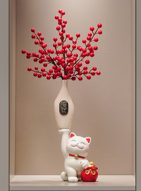 柿柿如意招财猫摆件轻奢高端大号进门玄关客厅电视柜壁龛竖高装饰