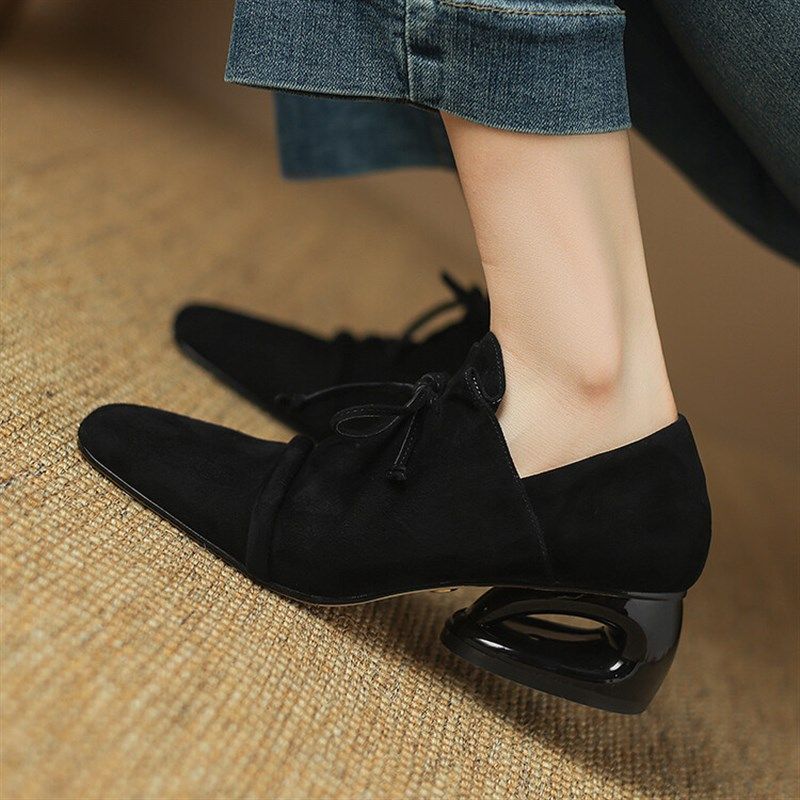 复古英伦风方头粗跟单鞋女2024新款真皮磨砂深口系带百搭中跟单鞋,淘宝优惠券,粉丝福利购,淘宝优惠卷