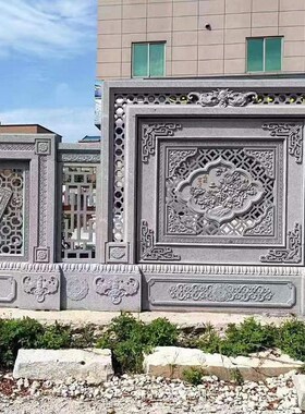 石雕前程似锦迎门墙 中式庭院青石浮雕别墅福字镂空石雕迎门墙