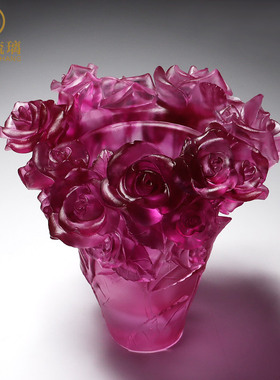 琉璃工艺品玫瑰花花瓶餐桌摆件客厅插花茶几装饰搬家礼物乔迁新居