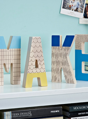 实木英文字母立体摆件创意装饰客厅家居卧室书房桌面松木书架摆设