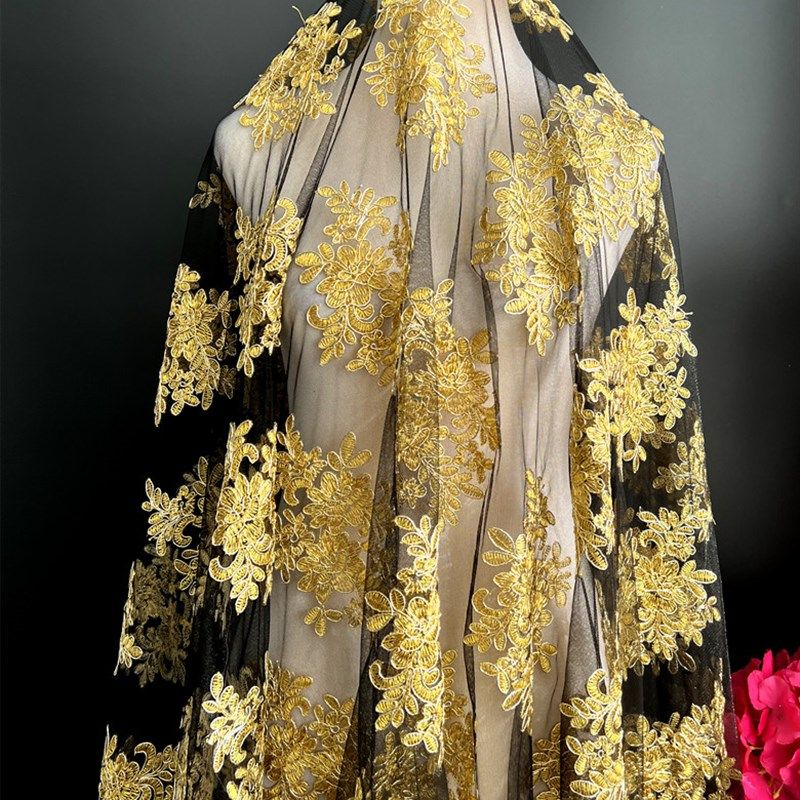 金色高端蕾丝网纱刺绣立体花朵贴花面料连衣裙婚纱礼服表演服布料,淘宝优惠券,粉丝福利购,淘宝优惠卷