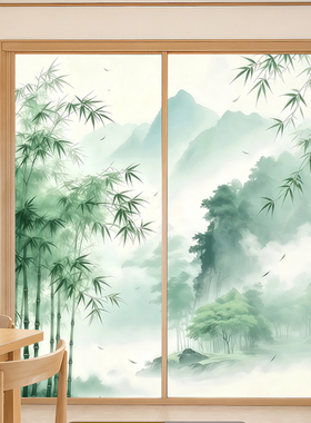 栖语渡中国风山水风景静电玻璃贴