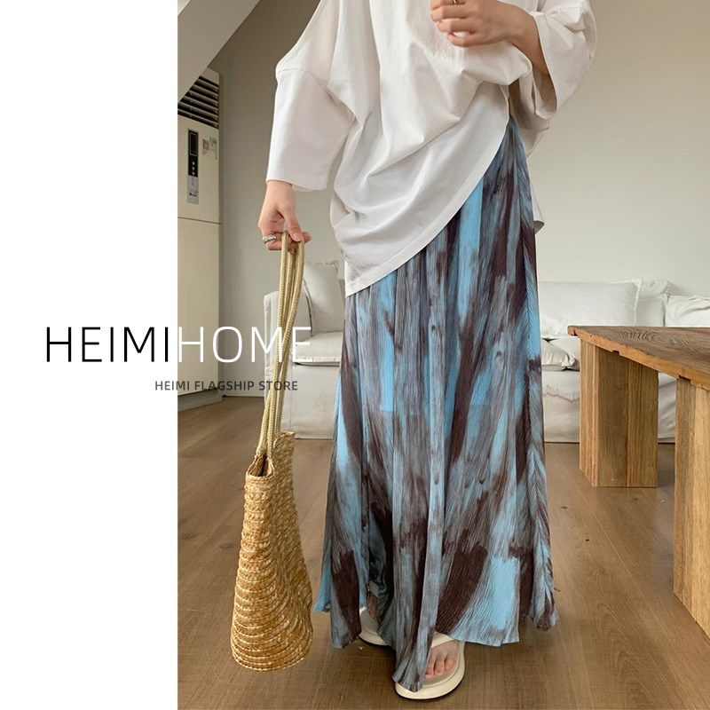 复古扎染半身裙女夏薄款水墨画褶皱A字长裙垂坠感中长款大摆伞裙,淘宝优惠券,粉丝福利购,淘宝优惠卷