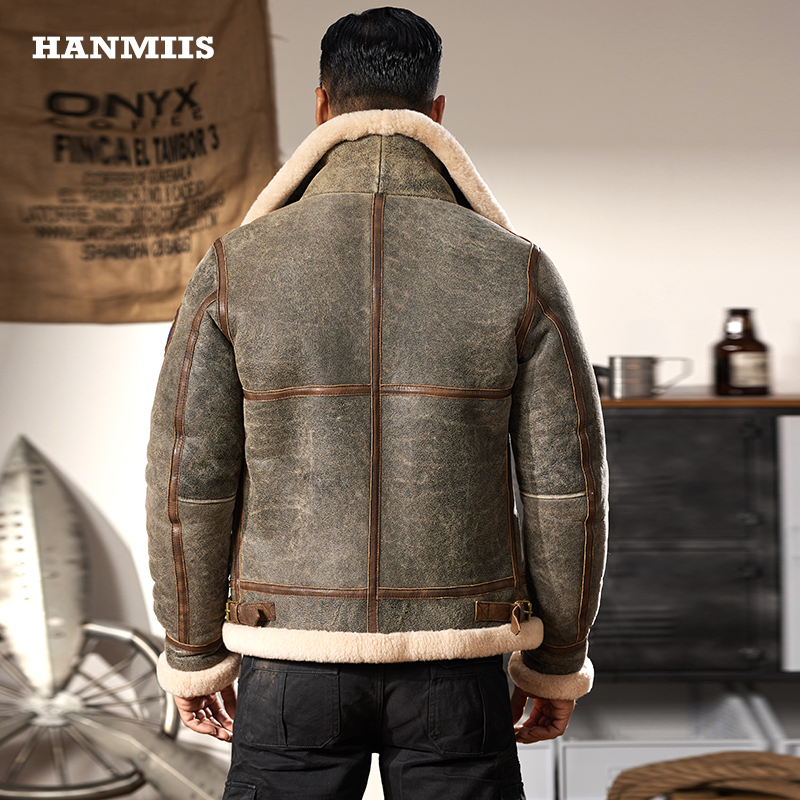 HANMIIS美式空军飞行服厚冬季 B3皮毛一体外套男绵羊真皮皮衣机车 - 图2