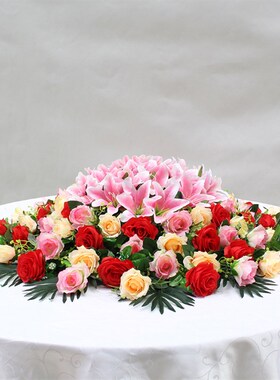 酒店餐桌花玻璃转盘中间装饰花饭店桌面摆花电动圆桌圆形假花摆件