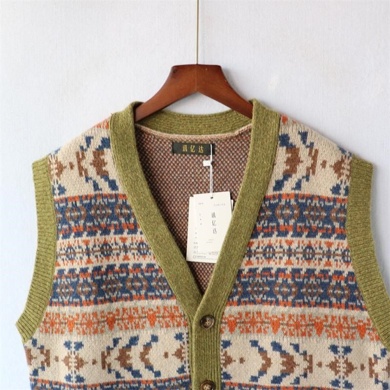 秋冬新款男装复古民族风保暖V领条纹单排扣针织马甲羊毛背心厚,淘宝优惠券,粉丝福利购,淘宝优惠卷