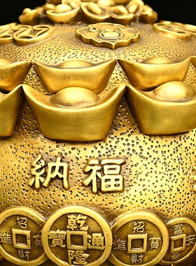 大号纯铜带盖聚宝盆四方纳财开盖储蓄罐黄铜貔貅存钱家居桌面摆件