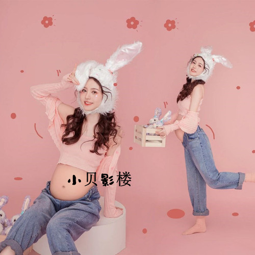 影楼新款孕妇拍照主题小清新俏皮可爱针织套装孕妈摄影艺术照服装 - 图0