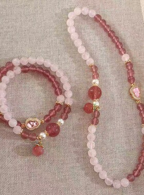【面若桃花】原创天然草莓晶粉晶粉嫩葫芦双圈手串时尚气质女款手