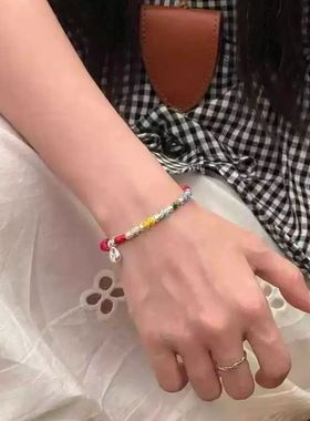彩虹色小银坨手链女平安喜乐手绳本命年红绳小众盘缠手串小众礼物
