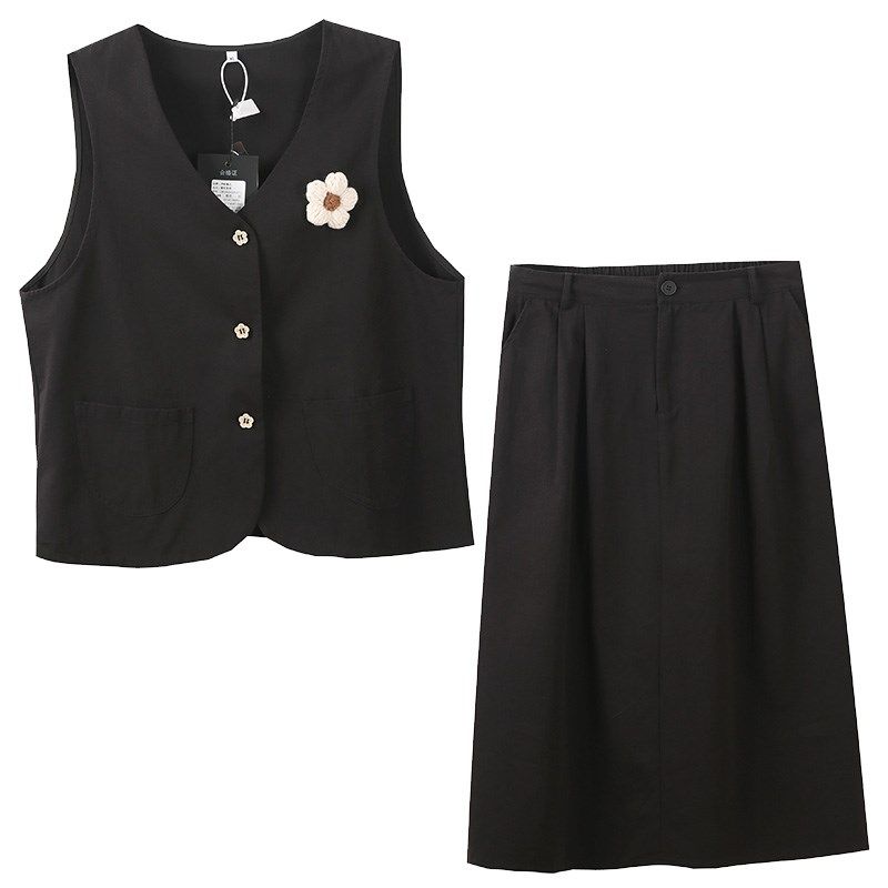 260斤胖妹小清新复古设计感宽松加肥小众时髦马甲外搭半身裙套装,淘宝优惠券,粉丝福利购,淘宝优惠卷