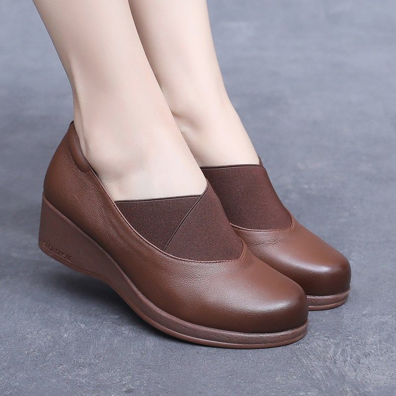 真皮坡跟厚底单鞋春秋款舒适不累脚妈妈鞋大码女鞋中年深口小皮鞋,淘宝优惠券,粉丝福利购,淘宝优惠卷