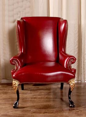 美式沙发客厅皮艺休闲椅红色实木单人沙发椅老虎椅欧式直播椅子