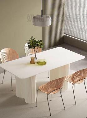 法式奶油风岩板餐桌家用轻奢现代简约小户型餐桌椅组合靠墙饭桌子