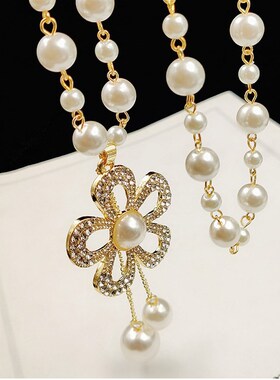 项链女长款时尚百搭珍珠挂件水钻花朵吊坠装饰链毛衣链衣服配饰品