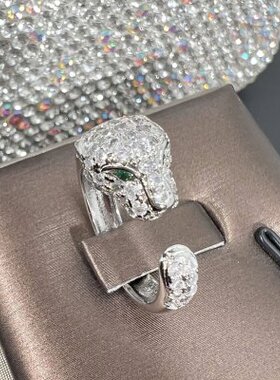 动物豹子戒指 气质狂野豹头镀银铜戒指女士 时尚微镶戒指环手饰品