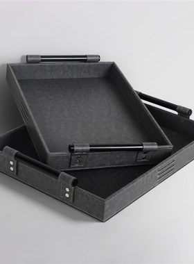 现代简约高端皮质托盘样s板房售楼处酒店客厅茶几桌面装饰轻奢摆