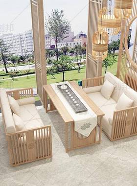 中式实木茶楼屏风卡座组合现代简约原木色茶楼接待办公沙发茶台