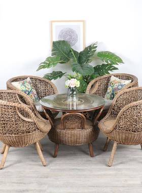 9U藤椅三件套阳台小桌椅休闲真藤椅单人组合藤编椅子靠背椅茶桌庭