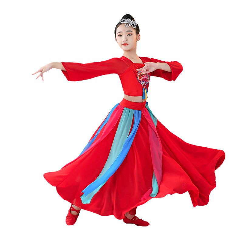 古典舞演出服儿童表演服大摆裙汉服扇子舞中国风雪纺套装少儿女童,淘宝优惠券,粉丝福利购,淘宝优惠卷