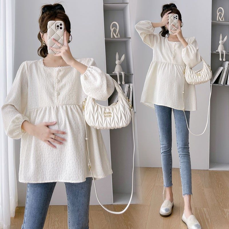 孕妇套装2024新款春秋时尚宽松显瘦杏色娃娃衫上衣牛仔裤两件套女,淘宝优惠券,粉丝福利购,淘宝优惠卷