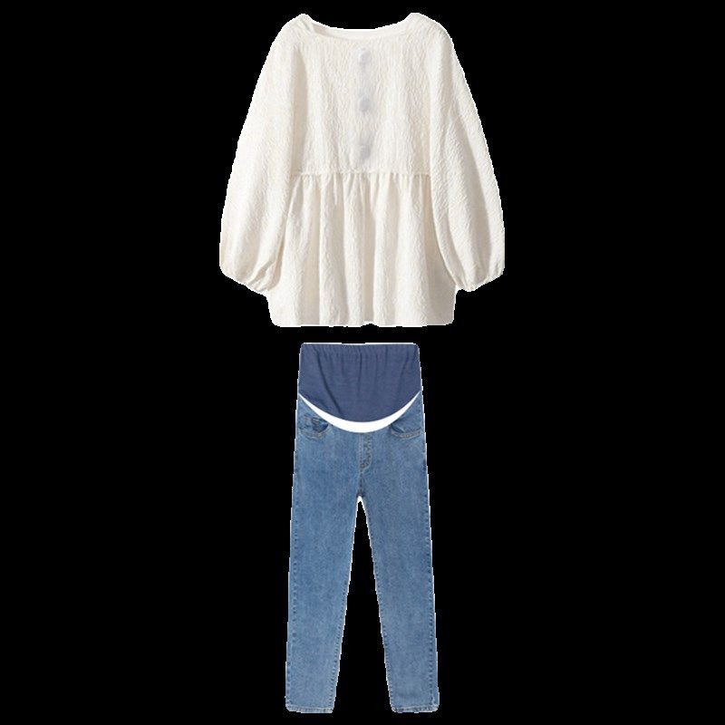 孕妇套装2024新款春秋时尚宽松显瘦杏色娃娃衫上衣牛仔裤两件套女,淘宝优惠券,粉丝福利购,淘宝优惠卷