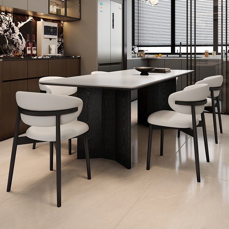 实木岩板餐桌g全托底板小户型家用长方形现代简约白色桌子椅子组 - 图0