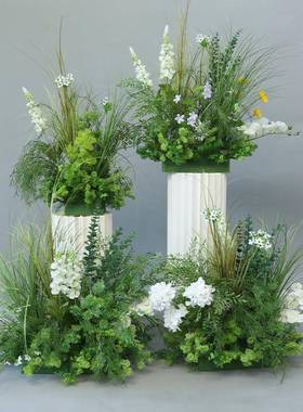 新款高端森系地排花婚庆套装成品白绿色花排婚礼花柱路引盆花美陈