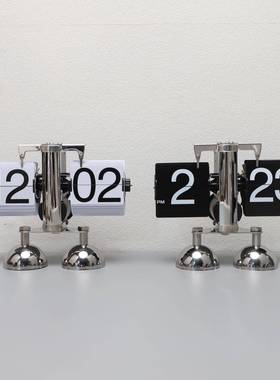 北欧创意金属银色自动翻页时钟家居客厅电视柜卧室桌面装饰品摆件