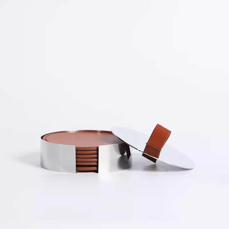 轻奢意式设计隔热垫圆形不锈钢皮革垫杯桌面样板间玄关装饰摆件,淘宝优惠券,粉丝福利购,淘宝优惠卷