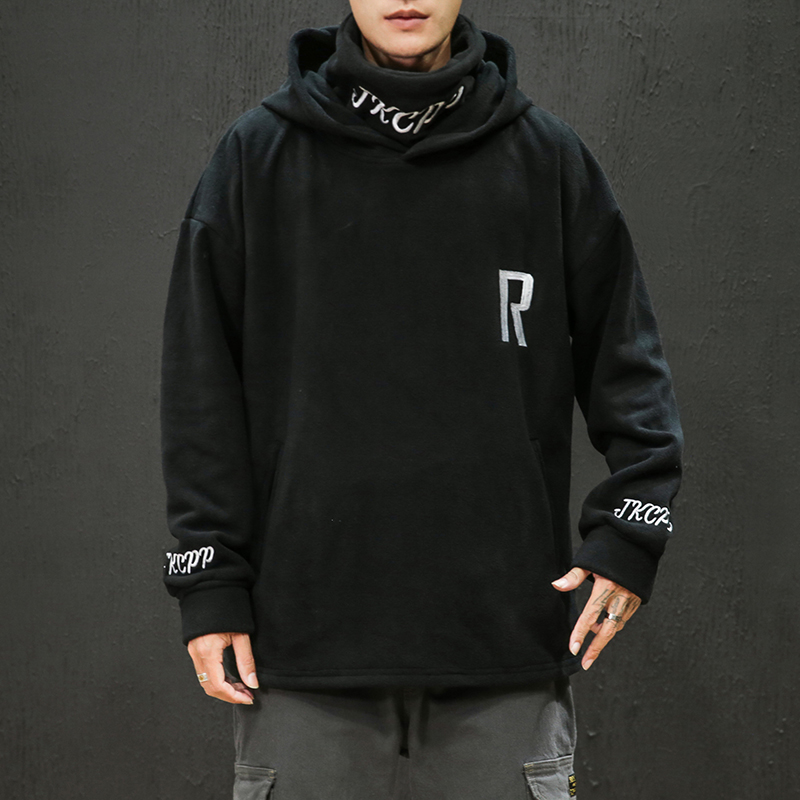 Runing X摇粒绒连帽外套男春秋2025新款纯色重磅大码宽松高领卫衣 - 图0