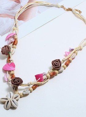 欧美新款波西米亚风天然贝壳项链吊坠多层海星海螺流苏女项链项饰